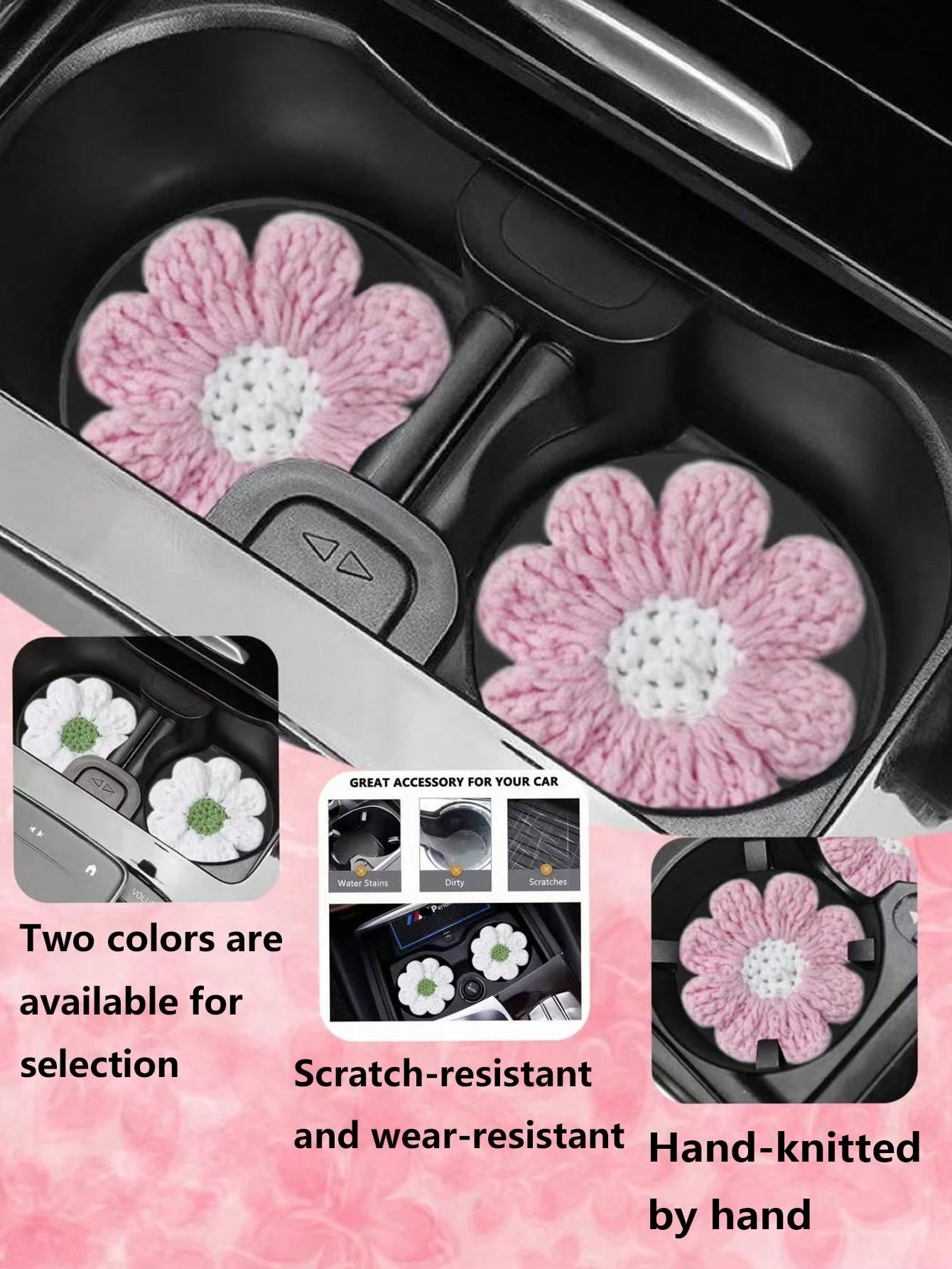 2pcs Knitted Flower Cup Holders, Car Storage Slot Cup Mats, Heat Insulation Coasters, Car Decor
