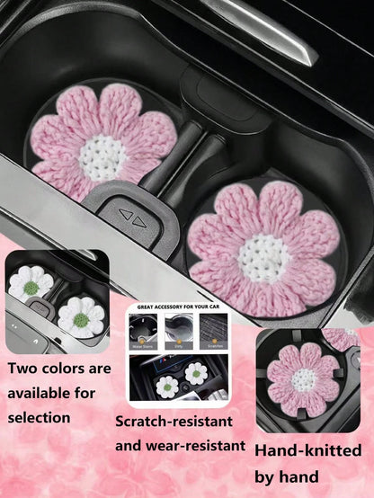 2pcs Knitted Flower Cup Holders, Car Storage Slot Cup Mats, Heat Insulation Coasters, Car Decor