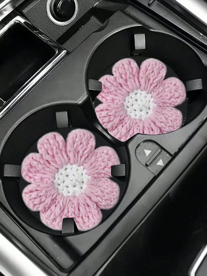 2pcs Knitted Flower Cup Holders, Car Storage Slot Cup Mats, Heat Insulation Coasters, Car Decor