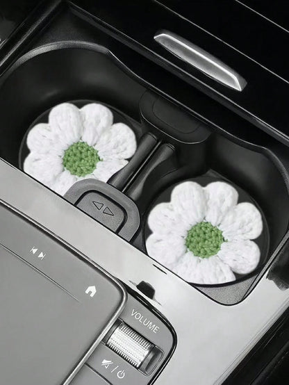 2pcs Knitted Flower Cup Holders, Car Storage Slot Cup Mats, Heat Insulation Coasters, Car Decor