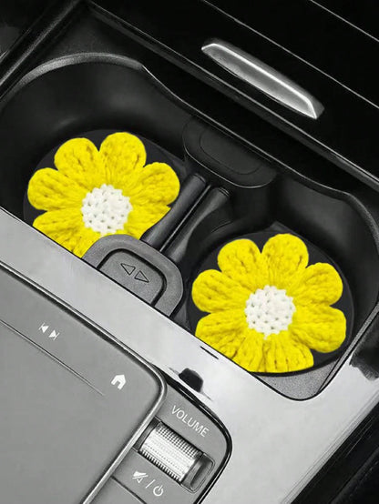 2pcs Knitted Flower Cup Holders, Car Storage Slot Cup Mats, Heat Insulation Coasters, Car Decor