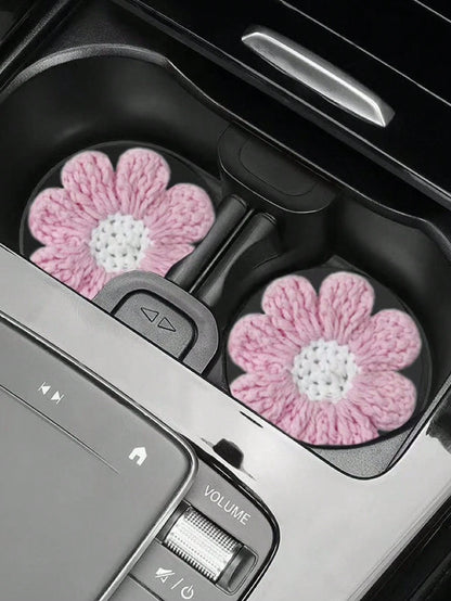 2pcs Knitted Flower Cup Holders, Car Storage Slot Cup Mats, Heat Insulation Coasters, Car Decor