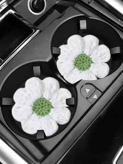 2pcs Knitted Flower Cup Holders, Car Storage Slot Cup Mats, Heat Insulation Coasters, Car Decor