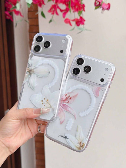 2pcs Lily Flower Magnetic Wireless Charging Transparent Anti-Fall Phone Case, Soft + Hard Material, Suitable As Holiday Gift For 15 16pro/Promax/14 15 16plus, Unisex, Fingerprint-Resistant And Scratch