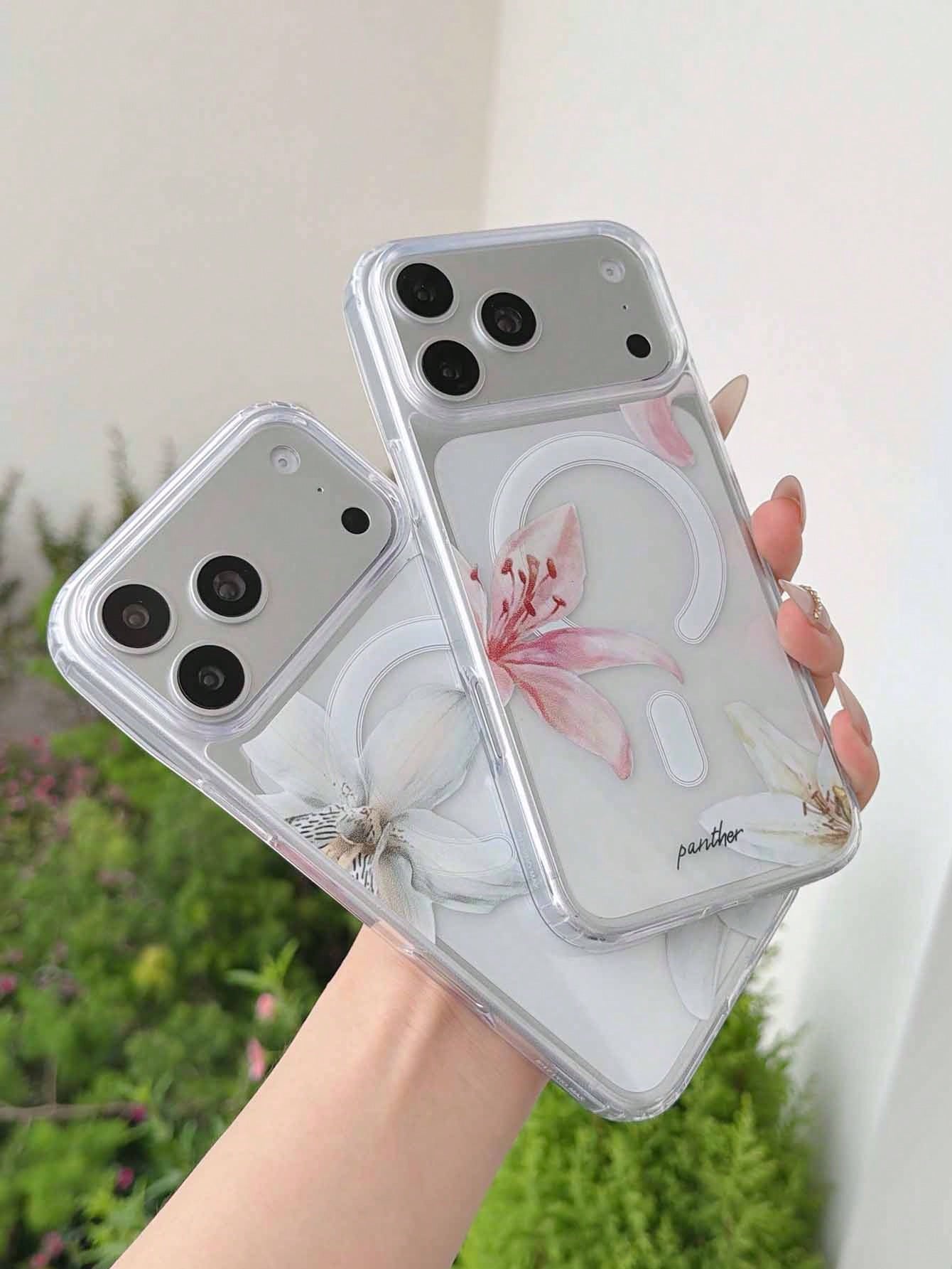 2pcs Lily Flower Magnetic Wireless Charging Transparent Anti-Fall Phone Case, Soft + Hard Material, Suitable As Holiday Gift For 15 16pro/Promax/14 15 16plus, Unisex, Fingerprint-Resistant And Scratch