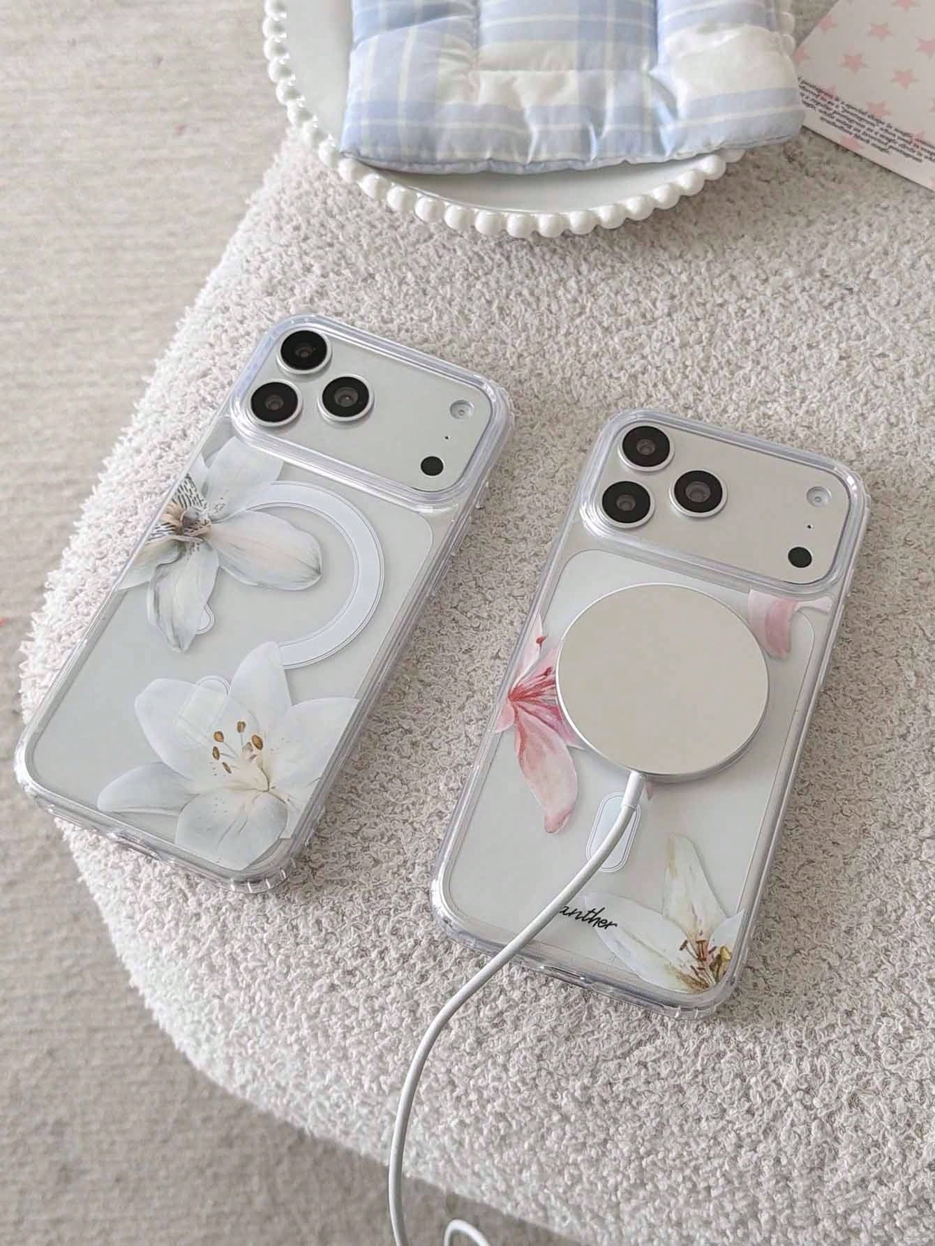 2pcs Lily Flower Magnetic Wireless Charging Transparent Anti-Fall Phone Case, Soft + Hard Material, Suitable As Holiday Gift For 15 16pro/Promax/14 15 16plus, Unisex, Fingerprint-Resistant And Scratch