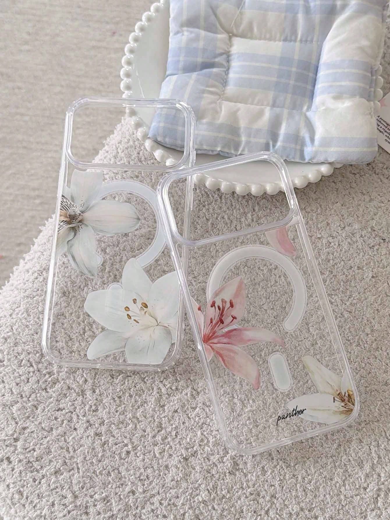 2pcs Lily Flower Magnetic Wireless Charging Transparent Anti-Fall Phone Case, Soft + Hard Material, Suitable As Holiday Gift For 15 16pro/Promax/14 15 16plus, Unisex, Fingerprint-Resistant And Scratch
