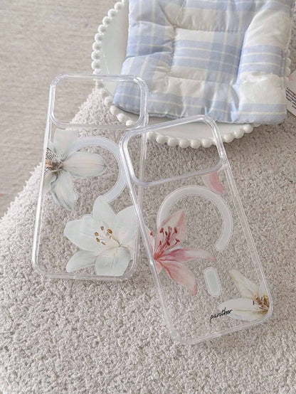 2pcs Lily Flower Magnetic Wireless Charging Transparent Anti-Fall Phone Case, Soft + Hard Material, Suitable As Holiday Gift For 15 16pro/Promax/14 15 16plus, Unisex, Fingerprint-Resistant And Scratch