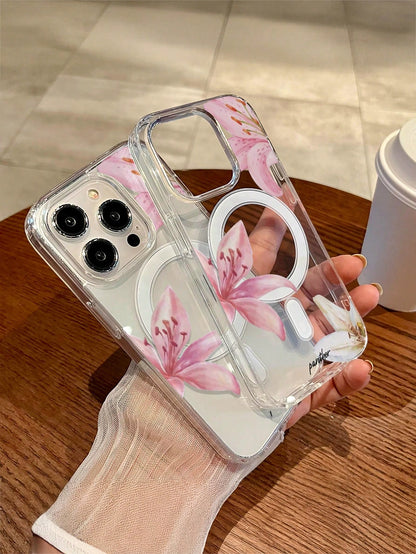 2pcs Lily Flower Magnetic Wireless Charging Transparent Anti-Fall Phone Case, Soft + Hard Material, Suitable As Holiday Gift For 15 16pro/Promax/14 15 16plus, Unisex, Fingerprint-Resistant And Scratch