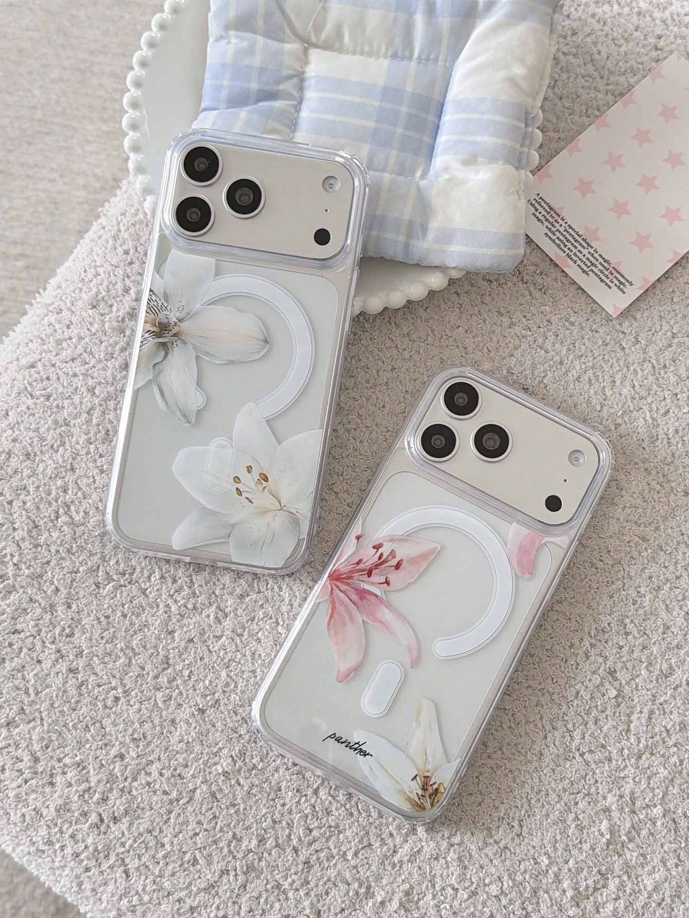 2pcs Lily Flower Magnetic Wireless Charging Transparent Anti-Fall Phone Case, Soft + Hard Material, Suitable As Holiday Gift For 15 16pro/Promax/14 15 16plus, Unisex, Fingerprint-Resistant And Scratch