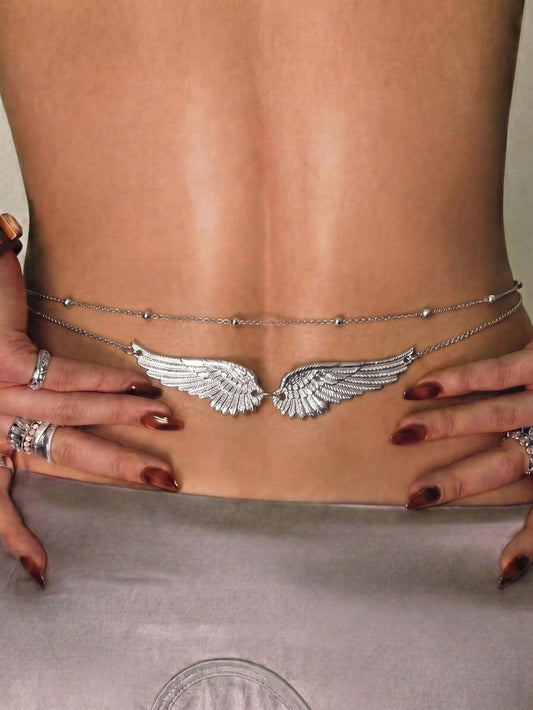 2pcs New Angel Wings Metal Beaded Sexy Beach Waist Chain Set, Suitable For Women Beach Holiday Party Date Daily Wear, Multifunctional Holiday Gift (Random Bead Quantity), Boho Chic