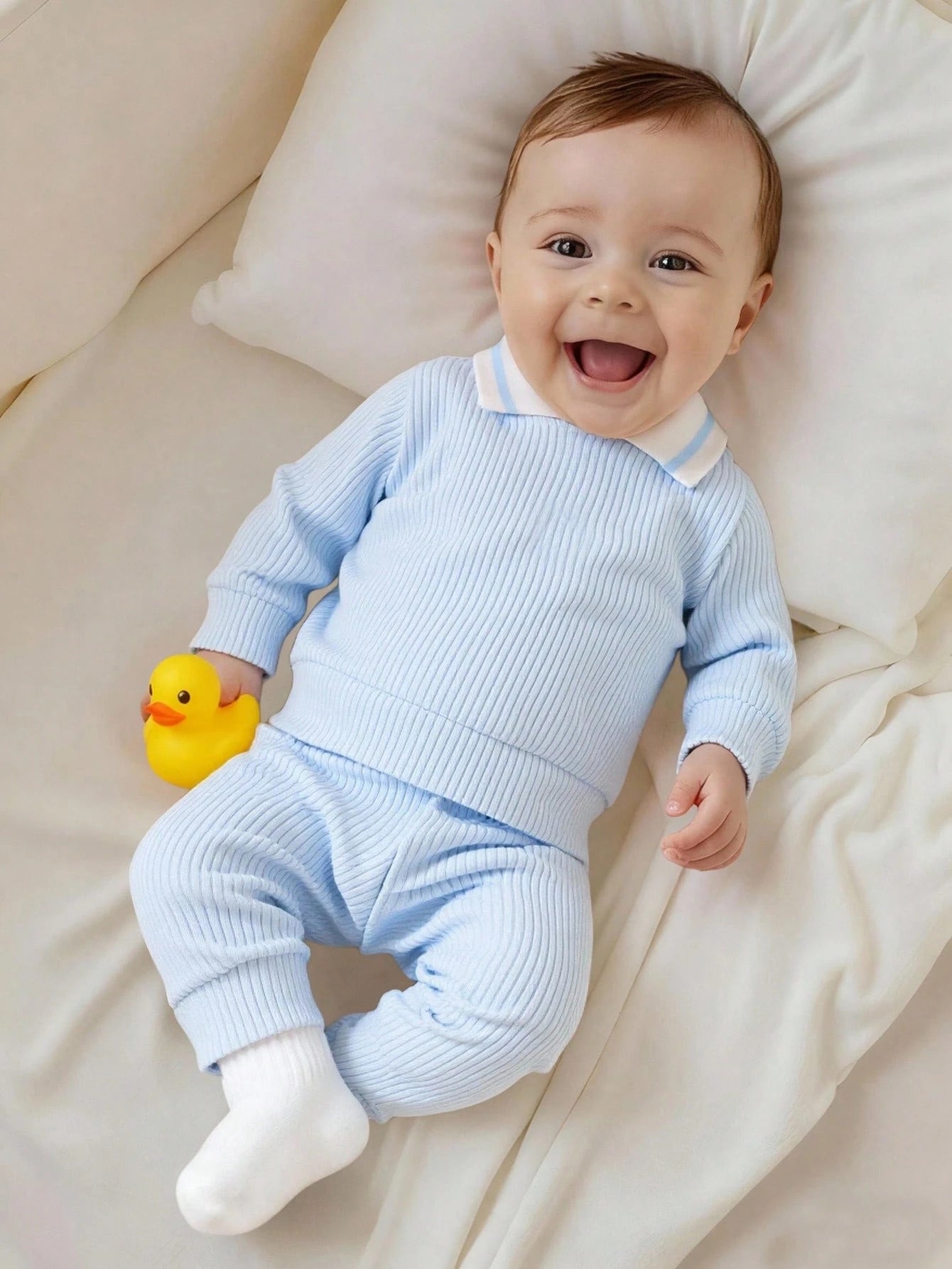 2pcs Newborn Baby Boy Autumn Outfit, Knitted Collar Long Sleeve Top And Solid Color Long Pants Set Fall Winter