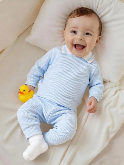 2pcs Newborn Baby Boy Autumn Outfit, Knitted Collar Long Sleeve Top And Solid Color Long Pants Set Fall Winter