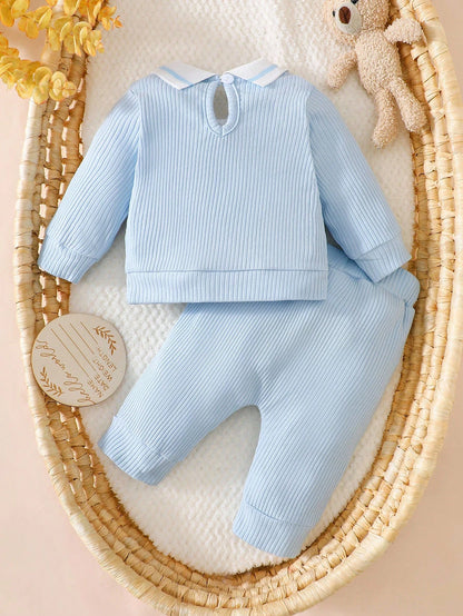2pcs Newborn Baby Boy Autumn Outfit, Knitted Collar Long Sleeve Top And Solid Color Long Pants Set Fall Winter