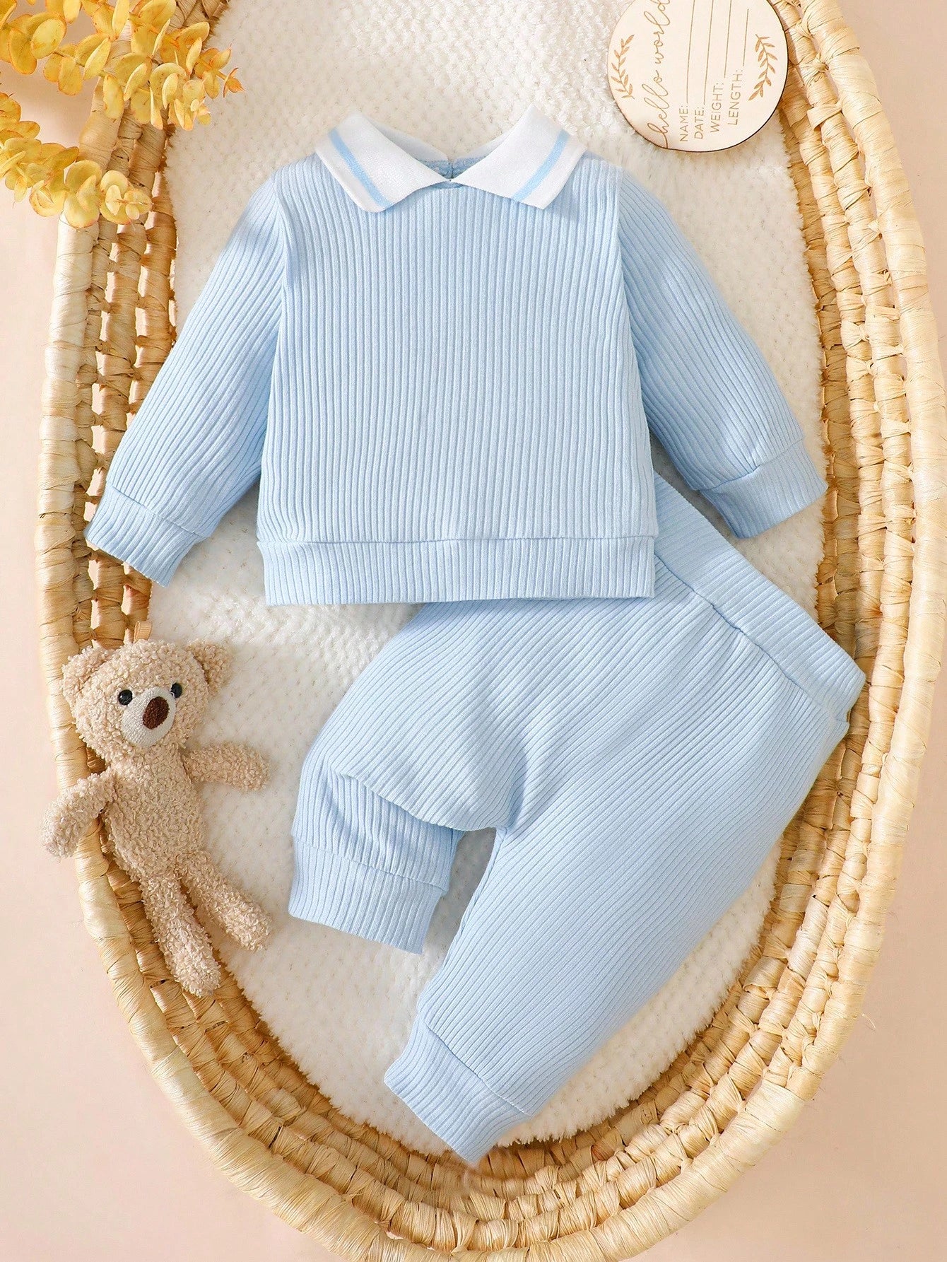 2pcs Newborn Baby Boy Autumn Outfit, Knitted Collar Long Sleeve Top And Solid Color Long Pants Set Fall Winter