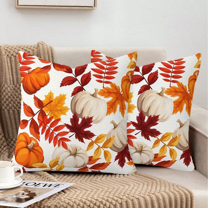 2pcs Orange And White Pumpkin Maple Leaf Full Print Pillow Covers, Pastoral Style Polyester Square Single-Sided Zipper Closure Cushion Covers Without Pillow Inserts, Living Room Sofa Homestay Window D