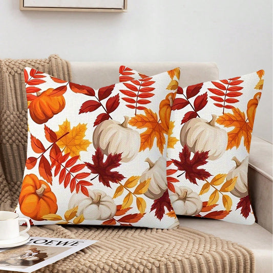 2pcs Orange And White Pumpkin Maple Leaf Full Print Pillow Covers, Pastoral Style Polyester Square Single-Sided Zipper Closure Cushion Covers Without Pillow Inserts, Living Room Sofa Homestay Window D