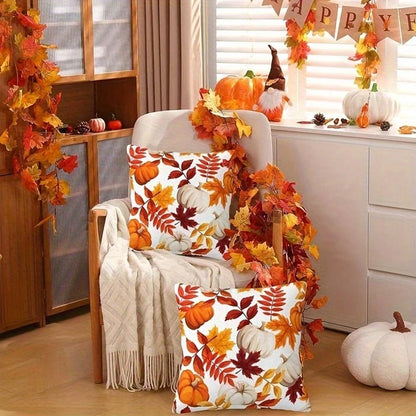 2pcs Orange And White Pumpkin Maple Leaf Full Print Pillow Covers, Pastoral Style Polyester Square Single-Sided Zipper Closure Cushion Covers Without Pillow Inserts, Living Room Sofa Homestay Window D