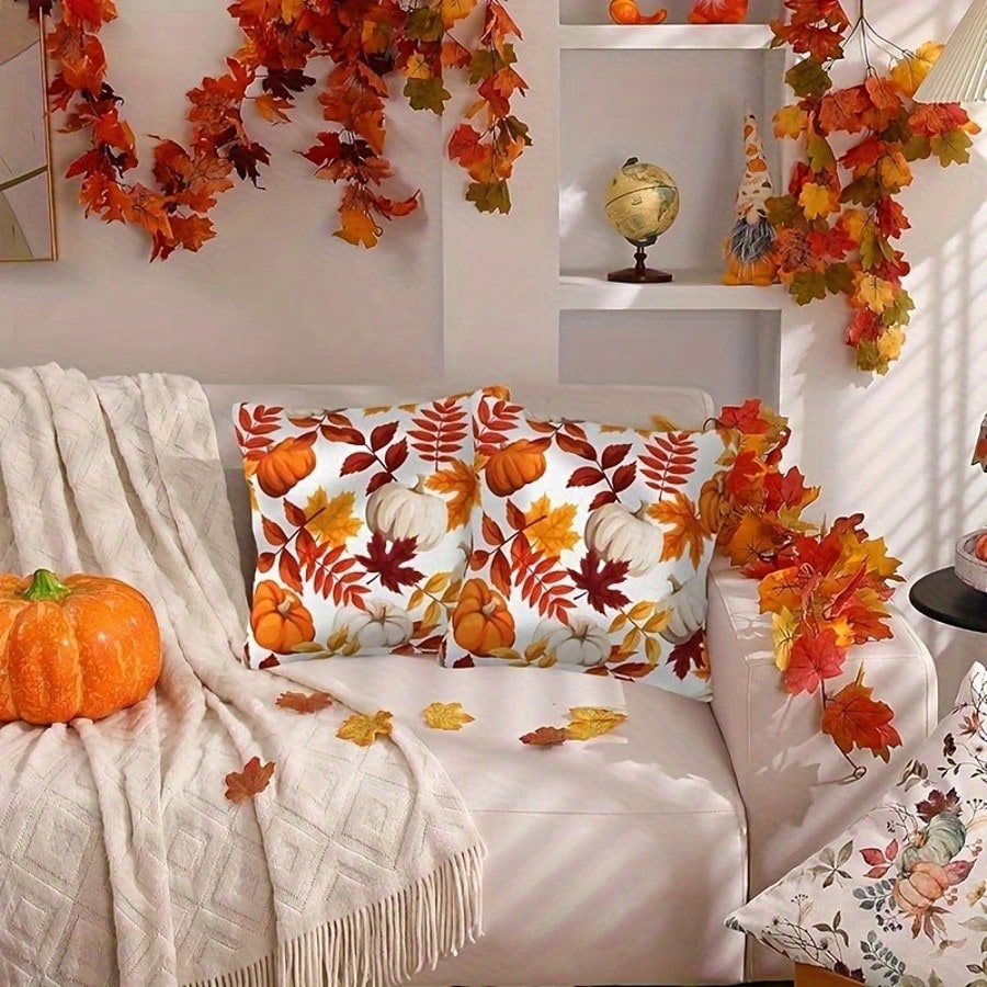2pcs Orange And White Pumpkin Maple Leaf Full Print Pillow Covers, Pastoral Style Polyester Square Single-Sided Zipper Closure Cushion Covers Without Pillow Inserts, Living Room Sofa Homestay Window D