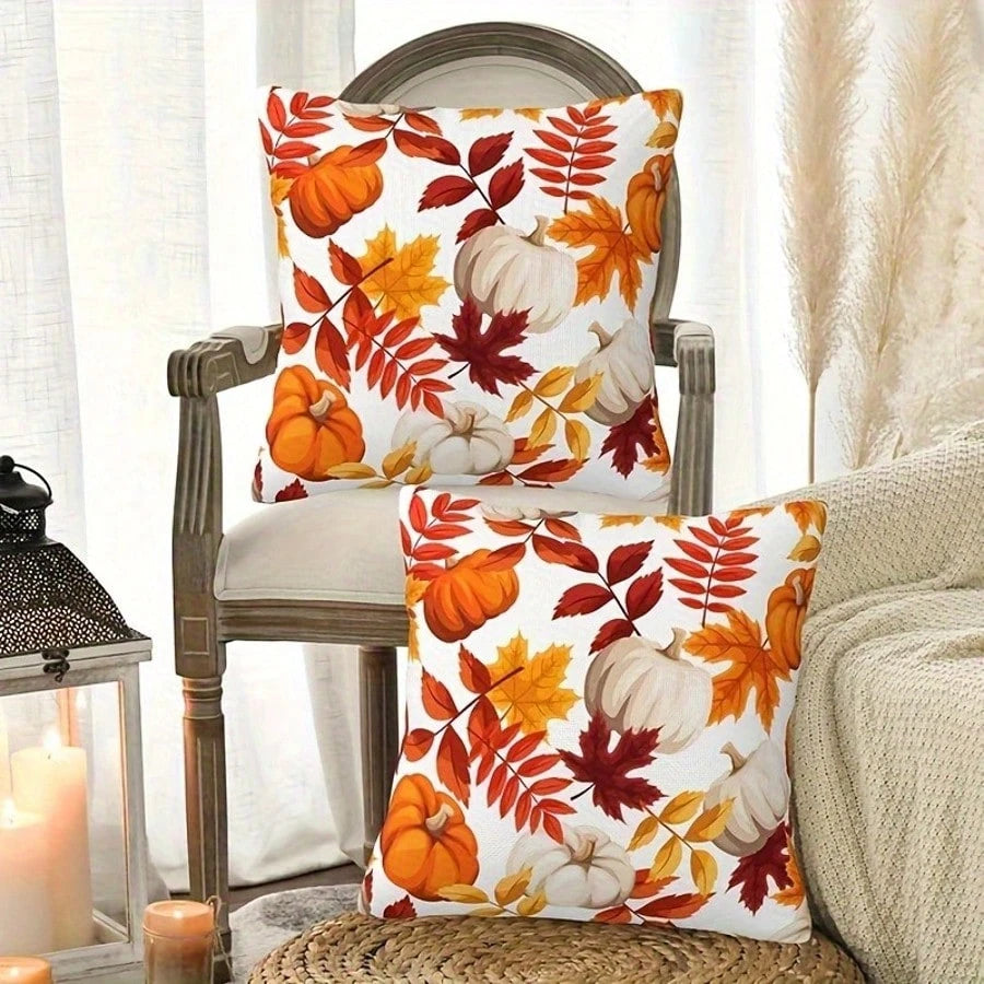 2pcs Orange And White Pumpkin Maple Leaf Full Print Pillow Covers, Pastoral Style Polyester Square Single-Sided Zipper Closure Cushion Covers Without Pillow Inserts, Living Room Sofa Homestay Window D