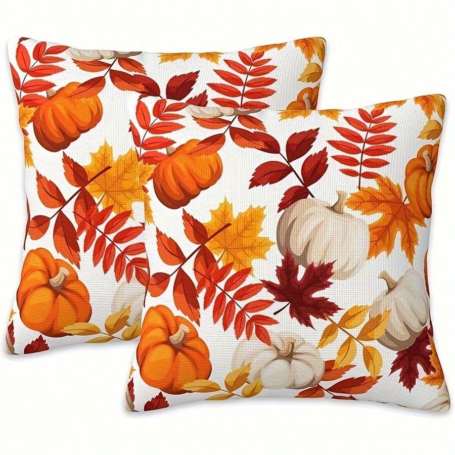 2pcs Orange And White Pumpkin Maple Leaf Full Print Pillow Covers, Pastoral Style Polyester Square Single-Sided Zipper Closure Cushion Covers Without Pillow Inserts, Living Room Sofa Homestay Window D