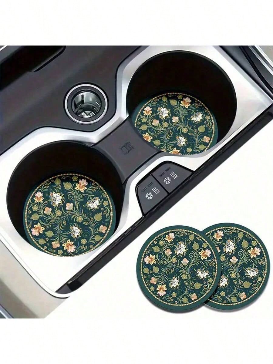 2pcs Peacock Green Floral Faux Leather Car Cup Holders- 2.75 Inch Diameter, Ultra-Thin High Definition Pattern, Durable Waterproof Dustproof Cup Coasters- Ideal Gift For Friends
