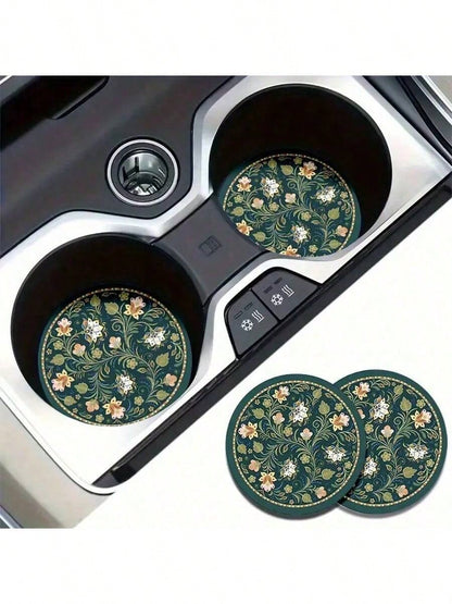 2pcs Peacock Green Floral Faux Leather Car Cup Holders- 2.75 Inch Diameter, Ultra-Thin High Definition Pattern, Durable Waterproof Dustproof Cup Coasters- Ideal Gift For Friends