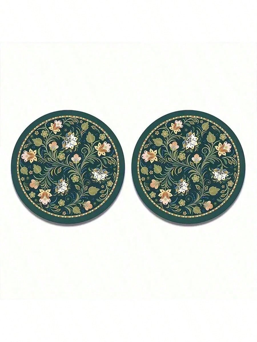2pcs Peacock Green Floral Faux Leather Car Cup Holders- 2.75 Inch Diameter, Ultra-Thin High Definition Pattern, Durable Waterproof Dustproof Cup Coasters- Ideal Gift For Friends