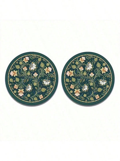 2pcs Peacock Green Floral Faux Leather Car Cup Holders- 2.75 Inch Diameter, Ultra-Thin High Definition Pattern, Durable Waterproof Dustproof Cup Coasters- Ideal Gift For Friends