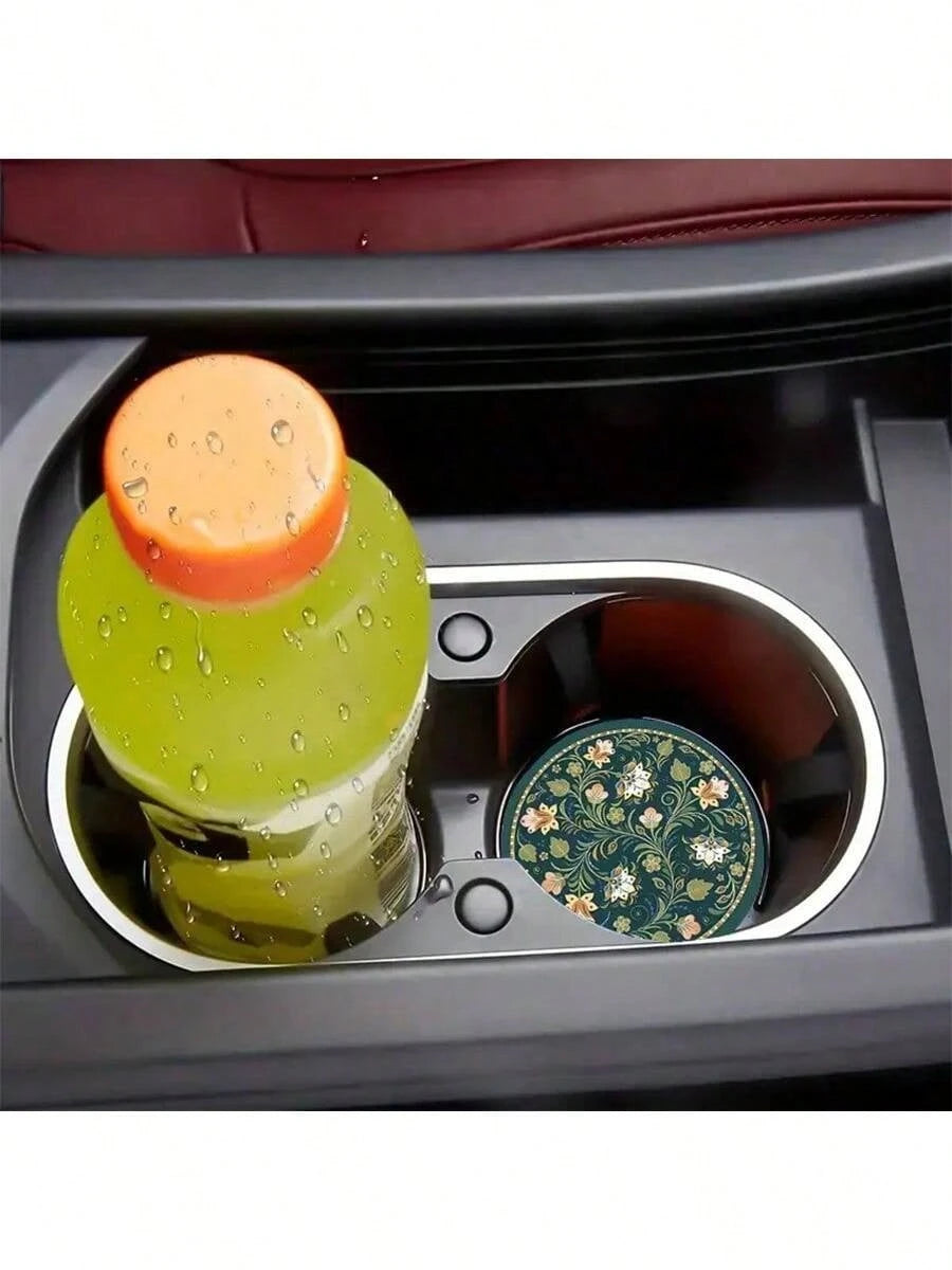 2pcs Peacock Green Floral Faux Leather Car Cup Holders- 2.75 Inch Diameter, Ultra-Thin High Definition Pattern, Durable Waterproof Dustproof Cup Coasters- Ideal Gift For Friends