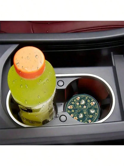 2pcs Peacock Green Floral Faux Leather Car Cup Holders- 2.75 Inch Diameter, Ultra-Thin High Definition Pattern, Durable Waterproof Dustproof Cup Coasters- Ideal Gift For Friends