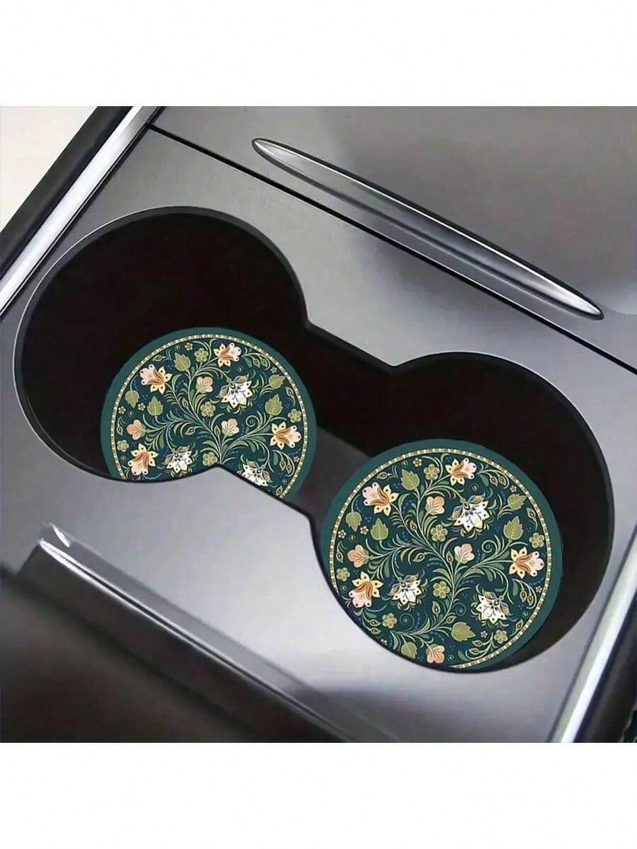 2pcs Peacock Green Floral Faux Leather Car Cup Holders- 2.75 Inch Diameter, Ultra-Thin High Definition Pattern, Durable Waterproof Dustproof Cup Coasters- Ideal Gift For Friends