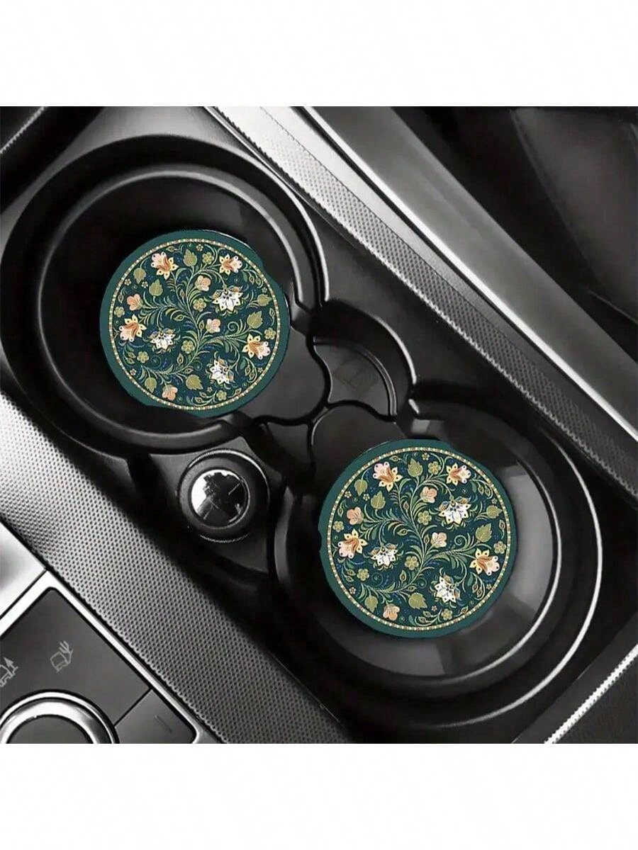 2pcs Peacock Green Floral Faux Leather Car Cup Holders- 2.75 Inch Diameter, Ultra-Thin High Definition Pattern, Durable Waterproof Dustproof Cup Coasters- Ideal Gift For Friends