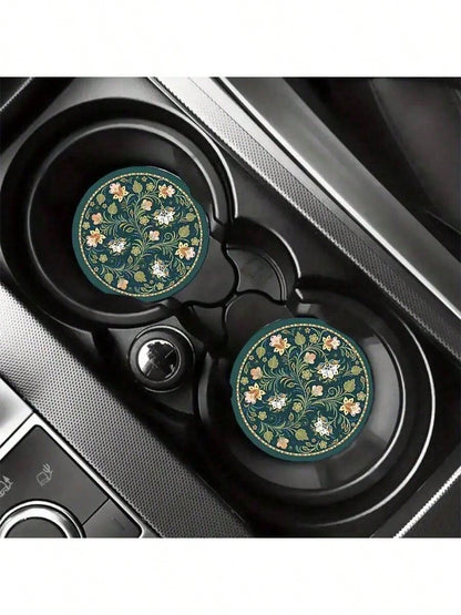 2pcs Peacock Green Floral Faux Leather Car Cup Holders- 2.75 Inch Diameter, Ultra-Thin High Definition Pattern, Durable Waterproof Dustproof Cup Coasters- Ideal Gift For Friends