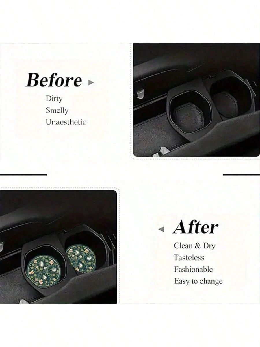 2pcs Peacock Green Floral Faux Leather Car Cup Holders- 2.75 Inch Diameter, Ultra-Thin High Definition Pattern, Durable Waterproof Dustproof Cup Coasters- Ideal Gift For Friends