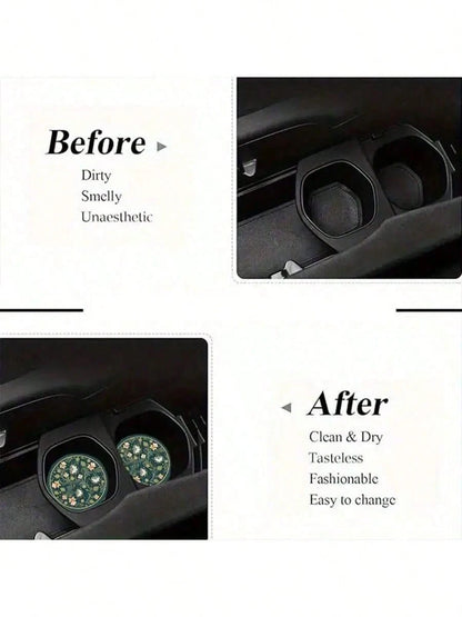 2pcs Peacock Green Floral Faux Leather Car Cup Holders- 2.75 Inch Diameter, Ultra-Thin High Definition Pattern, Durable Waterproof Dustproof Cup Coasters- Ideal Gift For Friends