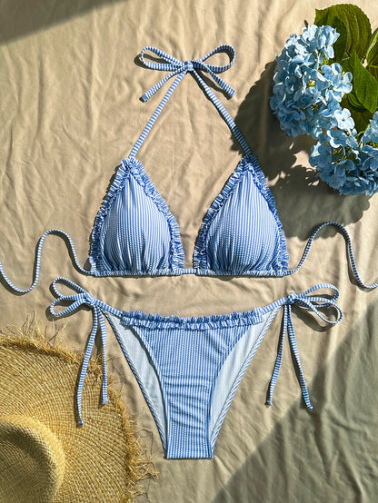 2pcs Plaid Casual Bohemian Plus Size Bikini Set, Suitable For Vacation, Night Out, Birthday Party, Singles Party, Travel, Beach, All Seasons Summer
