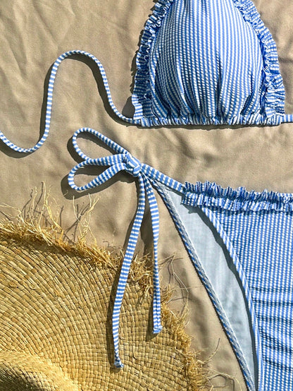 2pcs Plaid Casual Bohemian Plus Size Bikini Set, Suitable For Vacation, Night Out, Birthday Party, Singles Party, Travel, Beach, All Seasons Summer