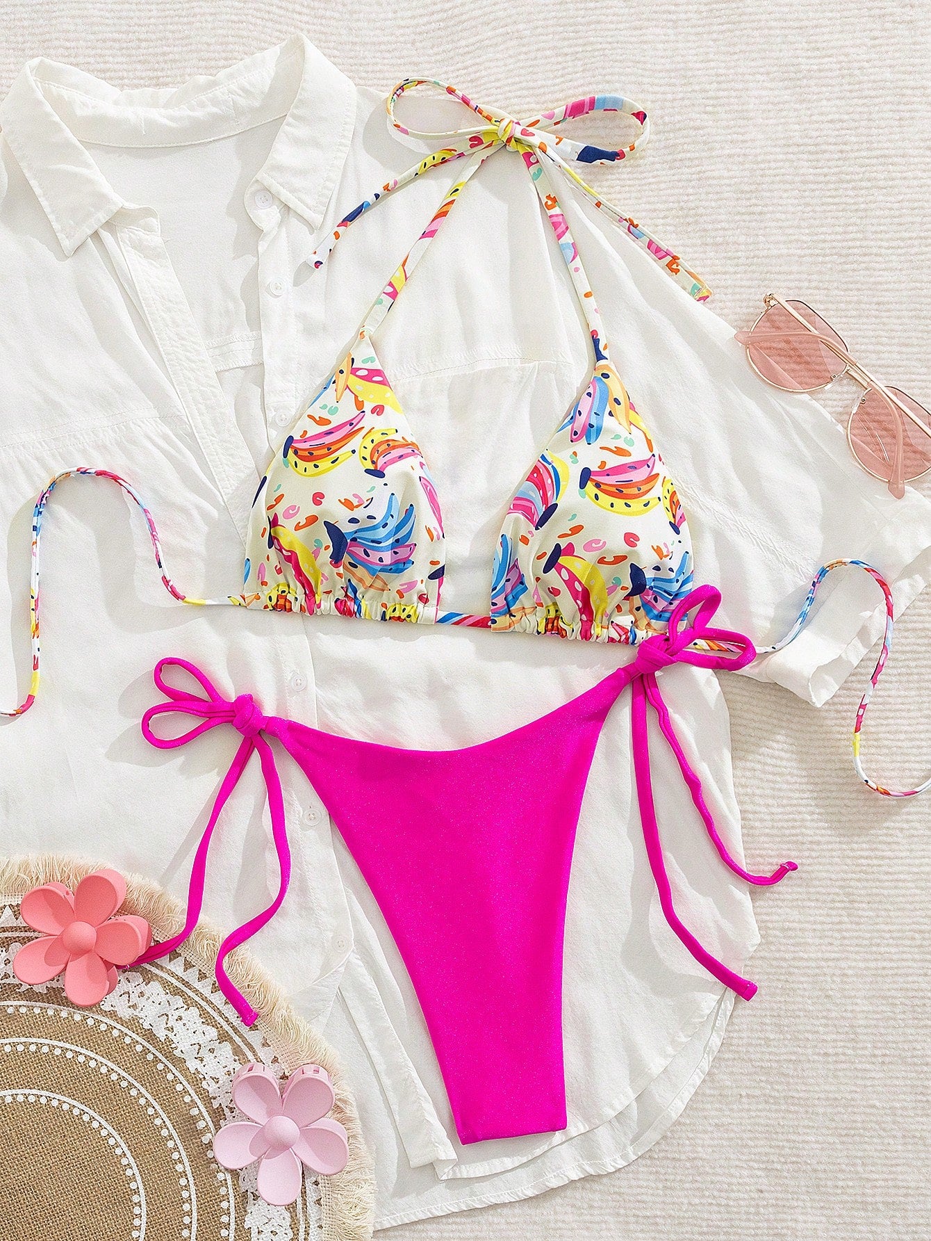 2pcs Polka Dot Eye Sexy Backless Tie-Up Fashion Women Swimwear Bikini Set, Suitable For Spring/Summer, Vacation, Beach, Stage And Concert