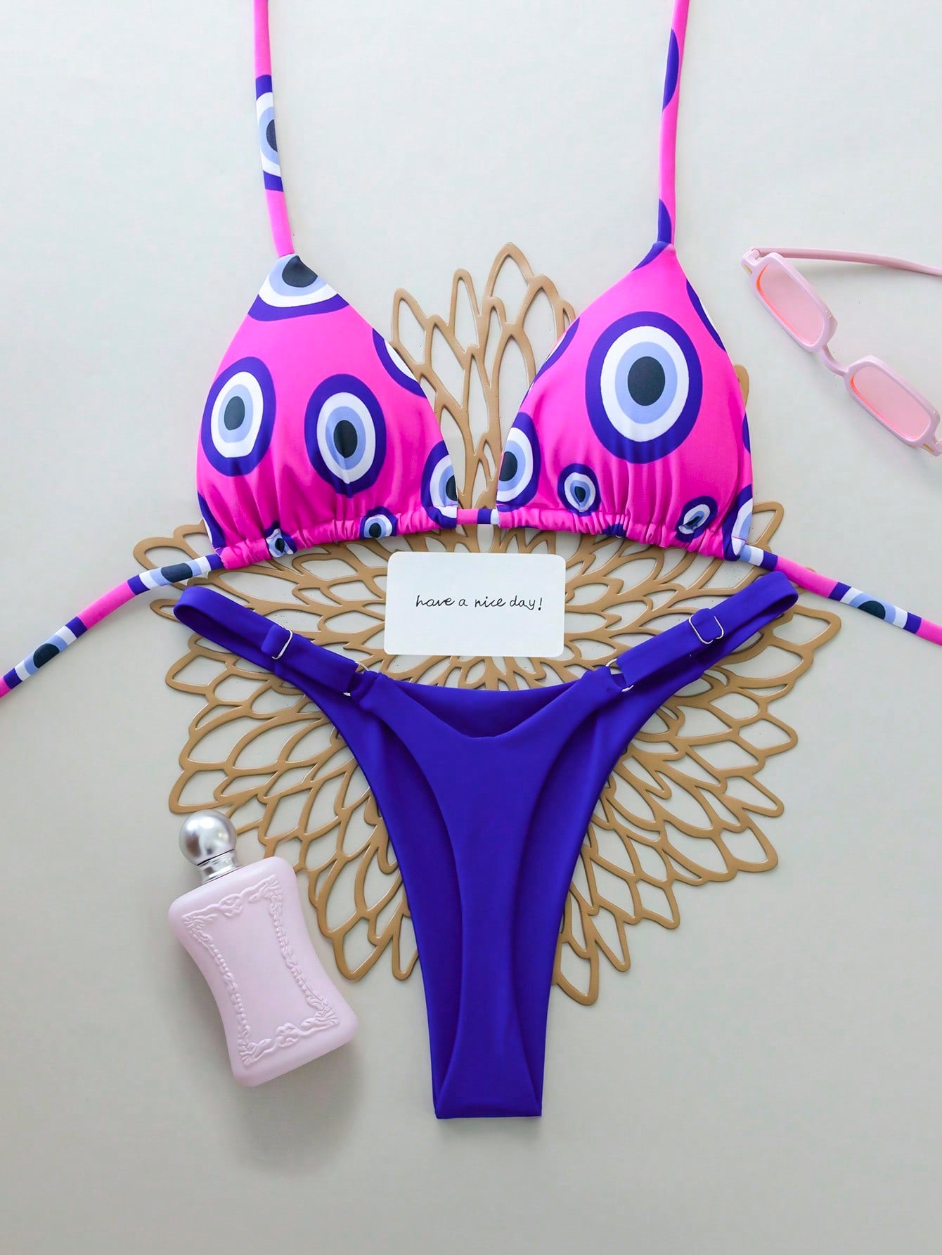 2pcs Polka Dot Eye Sexy Backless Tie-Up Fashion Women Swimwear Bikini Set, Suitable For Spring/Summer, Vacation, Beach, Stage And Concert
