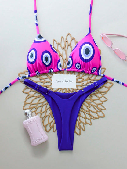 2pcs Polka Dot Eye Sexy Backless Tie-Up Fashion Women Swimwear Bikini Set, Suitable For Spring/Summer, Vacation, Beach, Stage And Concert
