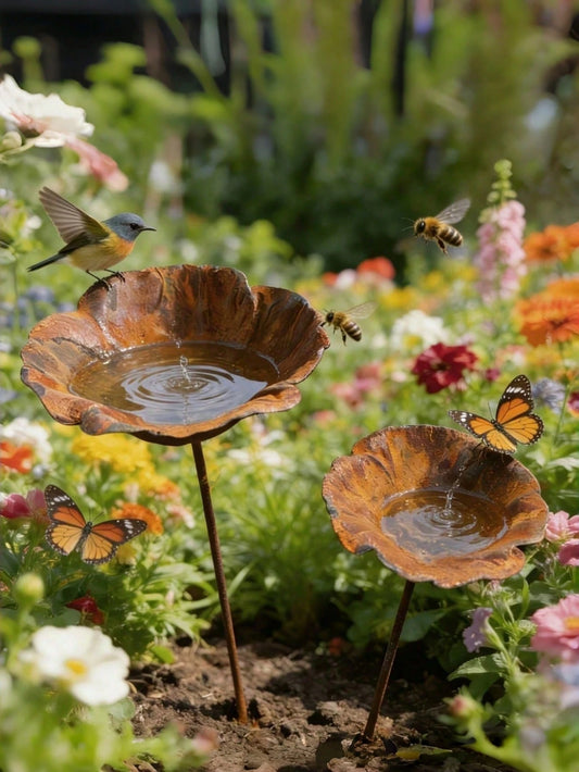 2pcs Rusty Metal Floral Decorative Bird Bath Feeder, Vintage Distressed Garden Art, Yard Lawn Backyard Decoration Bird Feeder