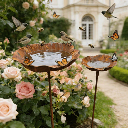 2pcs Rusty Metal Floral Decorative Bird Bath Feeder, Vintage Distressed Garden Art, Yard Lawn Backyard Decoration Bird Feeder