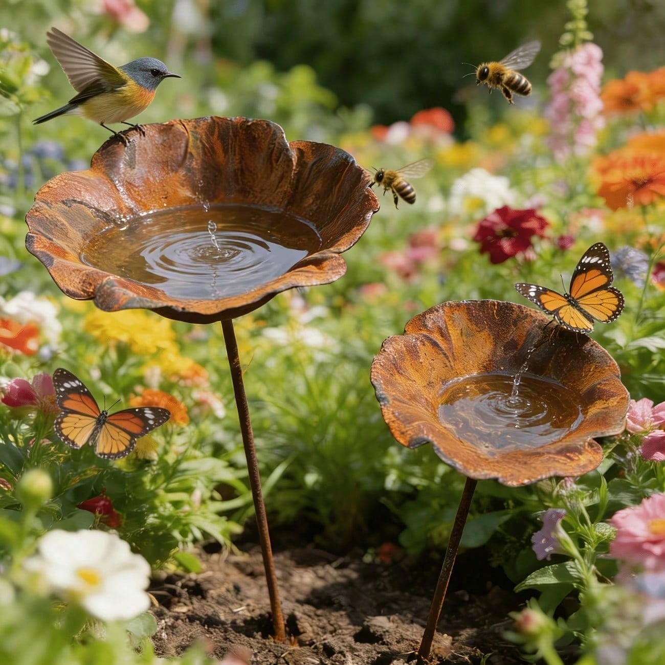 2pcs Rusty Metal Floral Decorative Bird Bath Feeder, Vintage Distressed Garden Art, Yard Lawn Backyard Decoration Bird Feeder