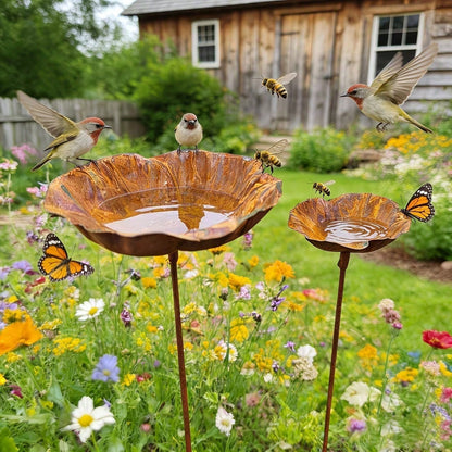 2pcs Rusty Metal Floral Decorative Bird Bath Feeder, Vintage Distressed Garden Art, Yard Lawn Backyard Decoration Bird Feeder
