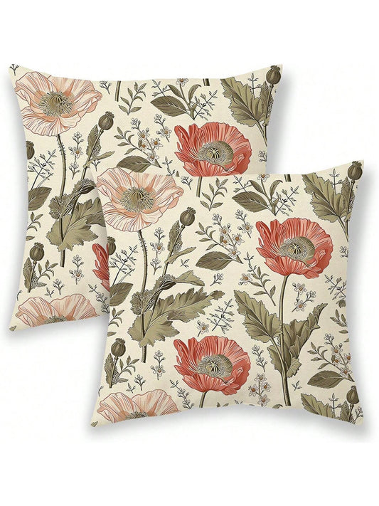 2pcs Sage Floral Vintage Pattern Spring Throw Pillow Covers, Room Decor With Floral & Botanical Motif, Seasonal Outdoor Pillow Covers, Sofa Cushion Covers, Single-Sided Printing Without Filling
