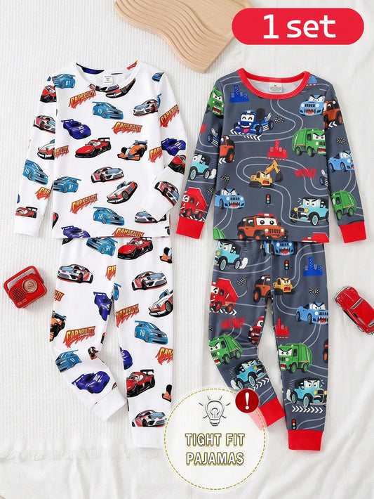 2pcs/Set Autumn/Winter Boys Toddler Snug Fit Pajama Set, Cute Cartoon Cool Car Excavator Construction Vehicle Print, Soft Comfortable High Elastic Long Sleeve Long Pants Loungewear