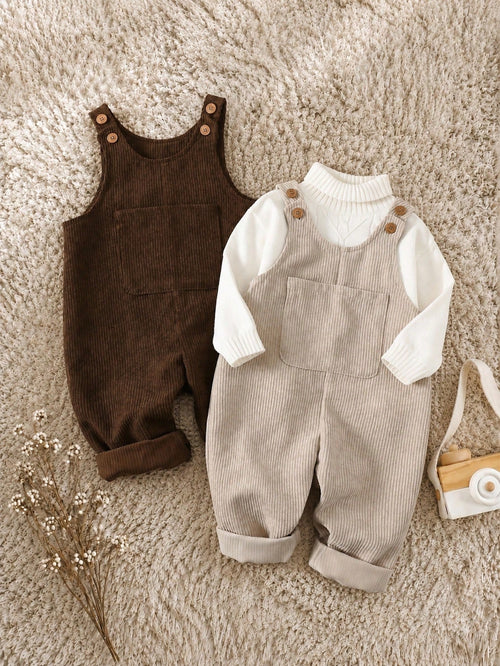 2pcs/Set Baby Boy Corduroy Overalls,Thermal Lined Jumpsuit,Autumn,Kawaii,Family Matching,All Shades Of Brown Mocha Neutral Clothes For Fall/Winter