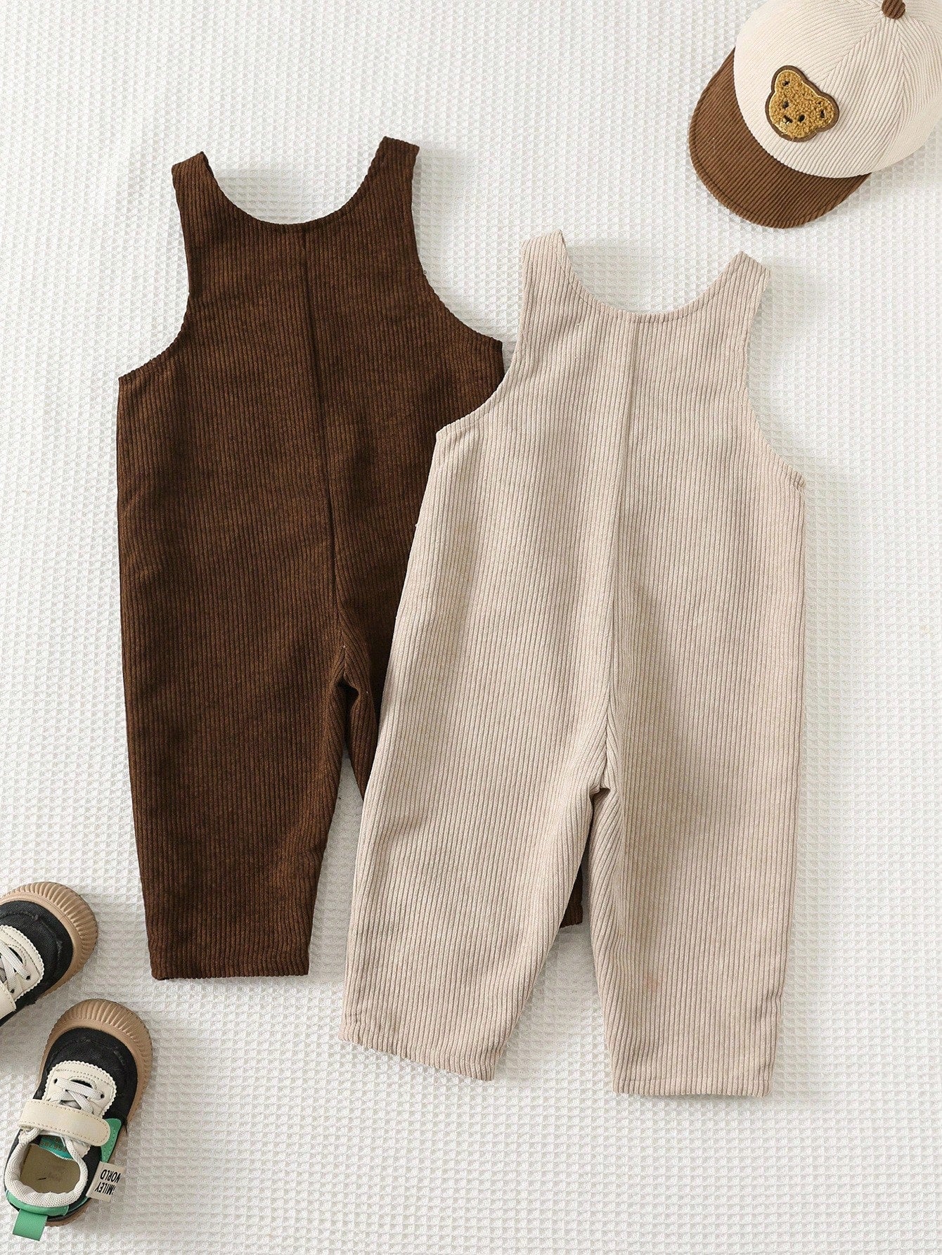 2pcs/Set Baby Boy Corduroy Overalls,Thermal Lined Jumpsuit,Autumn,Kawaii,Family Matching,All Shades Of Brown Mocha Neutral Clothes For Fall/Winter