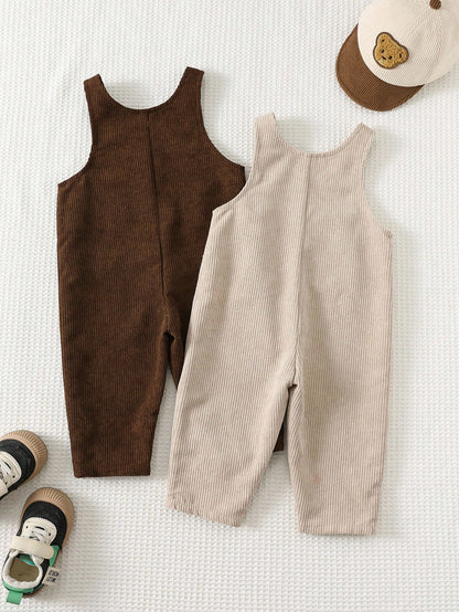 2pcs/Set Baby Boy Corduroy Overalls,Thermal Lined Jumpsuit,Autumn,Kawaii,Family Matching,All Shades Of Brown Mocha Neutral Clothes For Fall/Winter